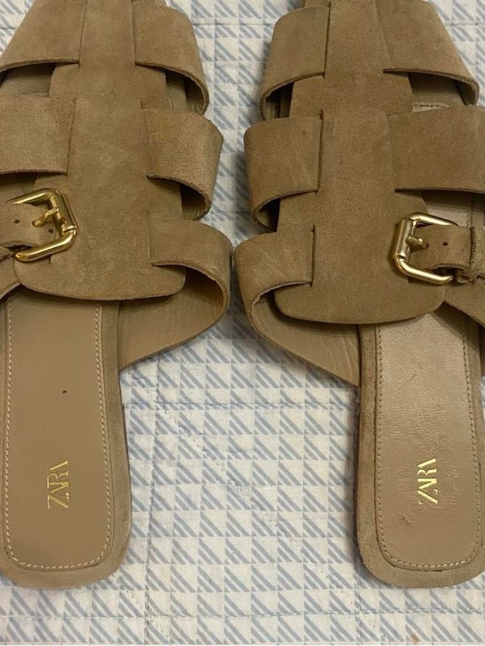 Zara Women's Tan Suede Slide Mules with Gold Buckle Detail